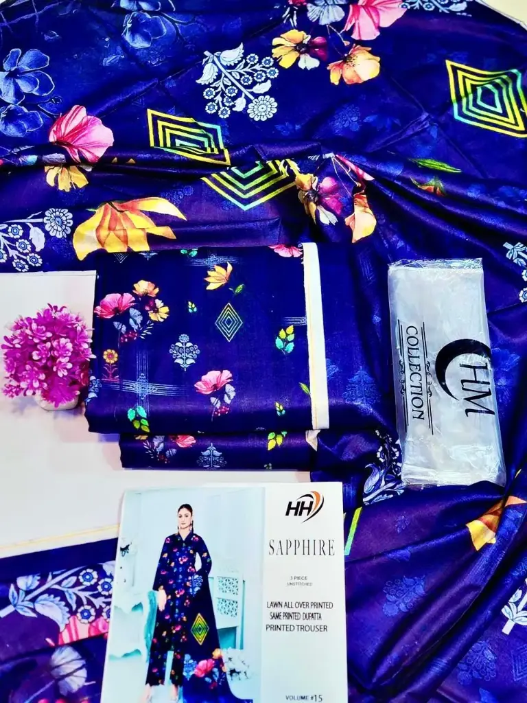 Unstitched Printed Lawn Suit (Navy)