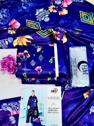 Unstitched Printed Lawn Suit (Navy)